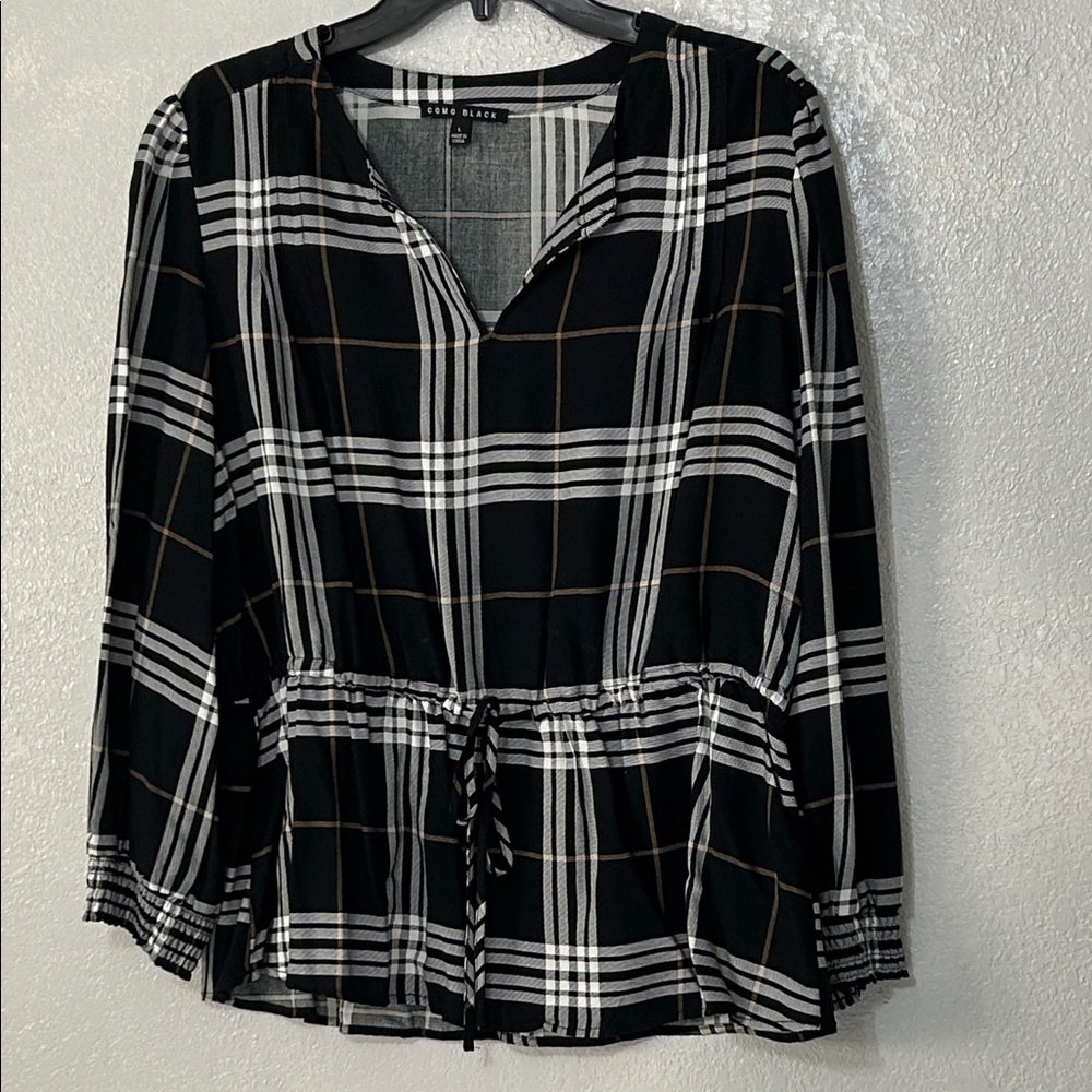 Como Black Black and White plaid Cinched Waist Blouse